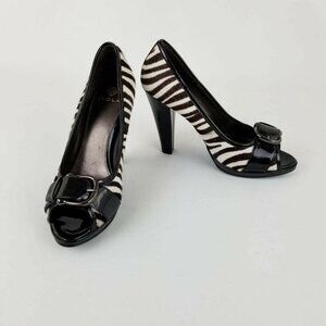 Isola Heels White Black Zebra Horse Hair Buckle Peep Toe  Sz 7.5